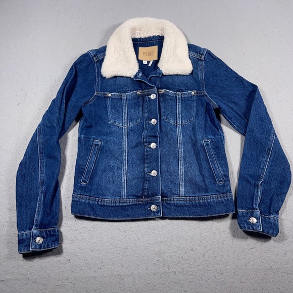 Paige Denim Jacket Women Size XS Blue Sherpa Lined Faux Shearling Collar - Picture 1 of 8